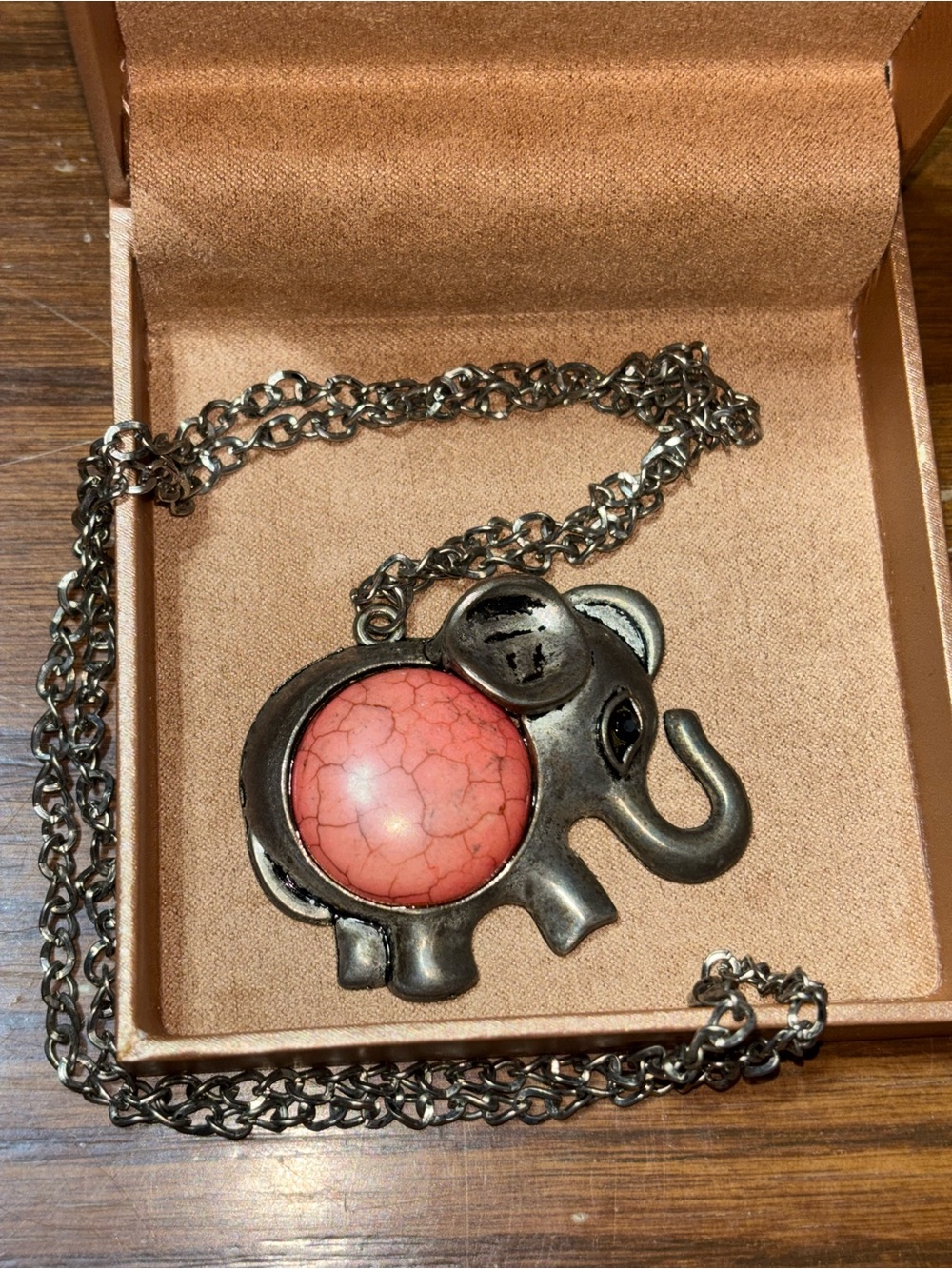 Silver Elephant Pendant Necklace with Pink Stone